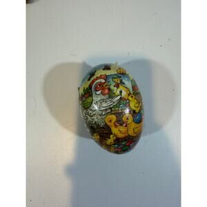 VTG German Paper Mache 4" Easter Egg White Rabbits Chicks Bunny